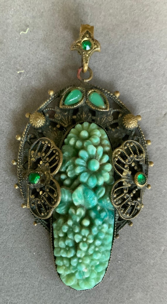 Antique Art Nouveau Green and Brass Pendant Fancif