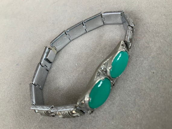 Art Deco Style 1930s era Green stone link bracele… - image 9