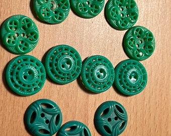 12 Vintage Shamrock Green Buttons for crafts, clothing, vintage 1940s/1950s, early plastic, 3 possible bakelite