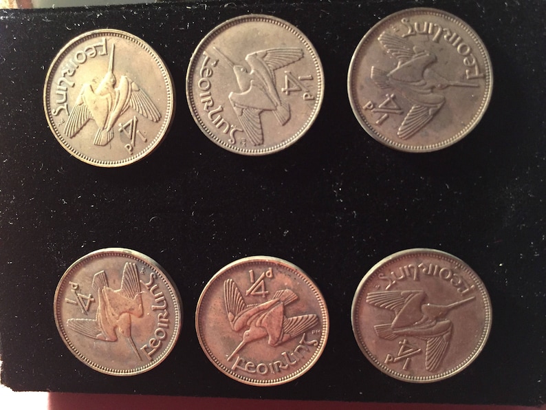 Six vintage authentic Irish Farthings Coins converted to Hasp Buttons 1959
