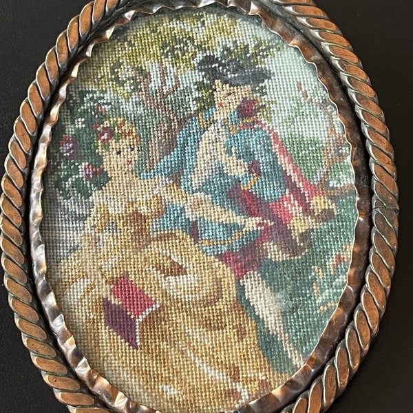 Vintage Metal Framed Petit Point 4.75 inches by 3.75 inches Coppery Frame Antique Tableau Colonial Period