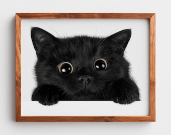 Black Cat Peeking Over Edge, Cute Minimalist Pet Printable Wall Art (Digital Download) 119