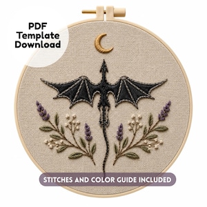 May include: An embroidery hoop containing beige fabric with a stitched black dragon, a gold crescent moon, and floral sprigs in purple and white. Text reads PDF Template Download and STITCHES AND COLOR GUIDE INCLUDED on the embroidery.