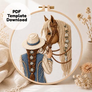 Horse Lover Girl  Embroidery Pattern, Beginner Hand Stitch PDF (Digital Download)