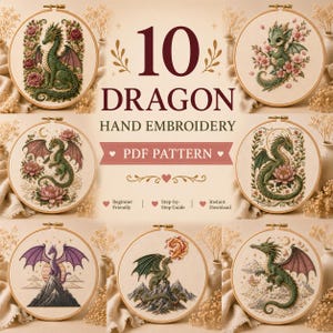 ドラゴンの手刺繍パターン10種類：初心者向けステッチデザイン集（PDFダウンロード）