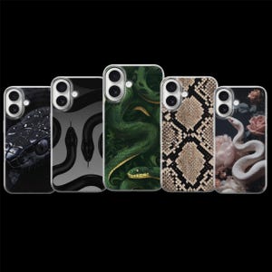 May include: Five smartphone cases arranged in a row, each featuring a unique snake-themed design. The patterns include a black snake head, black silhouettes on grey, a green snake, a brown snakeskin print, and a white snake among pink roses.