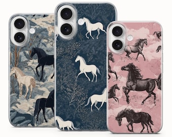 May include: Three smartphone cases featuring horse patterns. The left case has a blue and white landscape with horses. The middle case is dark blue with white horses and foliage. The right case is pink with black horses in a repeating design.