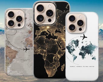 May include: Three smartphone cases featuring world map designs. The left case shows a vintage map with a flight path. The center case displays a black map with glowing gold city lights. The right case features a blue world map with a plane and the text "anywhere, somewhere, far away, some day".