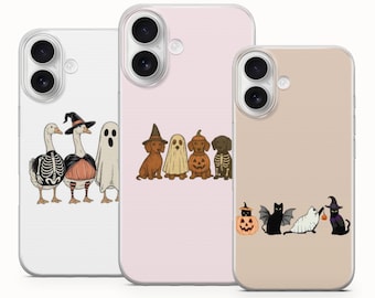 May include: Three clear smartphone cases featuring Halloween-themed illustrations. The left case shows geese in costumes, the center case displays dachshunds in festive outfits, and the right case depicts black cats dressed for the holiday.