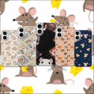 May include: Five smartphone cases arranged in a row, each featuring distinct rodent-themed patterns. Designs include chinchillas on cream, rabbits on beige, a black background with rat faces, guinea pigs on peach, and mice with cheese on navy blue.
