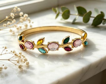 Rainbow Gemstone Leaf Branch Bangle, Gold Plated Titanium Steel Hinged Cuff, Vintage Boho Colorful Crystal Bracelet For Her