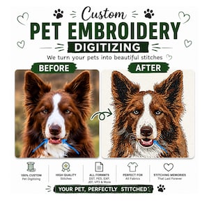 Può includere: Un grafico digitale per servizi di digitalizzazione di ricami personalizzati per animali domestici. Mostra un confronto prima e dopo di un cane marrone e bianco, con la foto originale a sinistra e il motivo del ricamo convertito a destra.