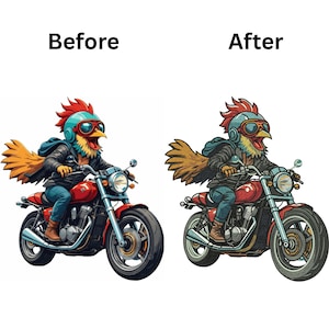 Może przedstawiać: Graficzna ilustracja przedstawiająca kurczaka w niebieskim kasku, goglach i czarnej sk&oacute;rzanej kurtce jadącego na czerwonym motocyklu. Obraz jest przedstawiony w dw&oacute;ch wersjach z etykietami Before i After, ukazujących tę samą postać i pojazd.