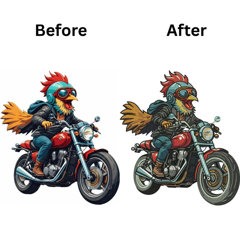 Może przedstawiać: Graficzna ilustracja przedstawiająca kurczaka w niebieskim kasku, goglach i czarnej sk&oacute;rzanej kurtce jadącego na czerwonym motocyklu. Obraz jest przedstawiony w dw&oacute;ch wersjach z etykietami Before i After, ukazujących tę samą postać i pojazd.