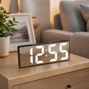LED Mirror Digital Alarm Clock with Snooze, USB Powered Desk Clock, Modern Bedroom Clock, LED Display Night Light, Office Desk Decor Gift