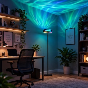 May include: A tall, slender floor lamp with a black pole and a circular, multi-colored LED light head that projects a vibrant, rippling blue and green aurora-like pattern onto the ceiling and walls of a room with a desk and bookshelves.