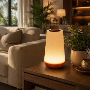 May include: A conical table lamp with a smooth, frosted white shade that emits a warm, soft glow. The base of the lamp is crafted from a light-toned wood, featuring a small power button and a charging port visible on the front lower edge.