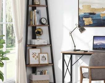 Rustic Wood 5-Tier Industrial Corner Bookshelf, Tall Display Storage Rack