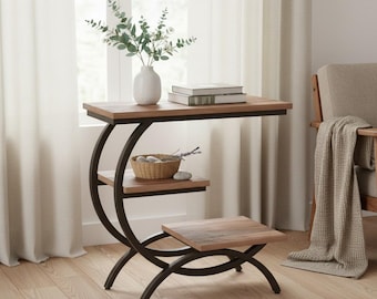 Industrial C-Shaped End Table, Rustic Wood Storage Shelves, Small Living Room Furniture