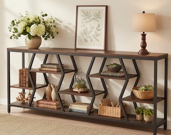 Extra Long Industrial Console Table, Rustic Entryway Sofa Table, 4 Tier Shelves