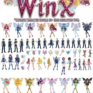 May include: A digital collection of Winx Club character illustrations featuring various fairies with colorful wings, male characters in formal attire, and small magical accessories. The text Winx and Ultimate Character Bundle: 80+ High-Resolution PNGs is displayed.