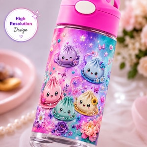 May include: A clear water bottle with a bright pink lid and a vibrant, multi-colored gradient background featuring cartoon-style dumplings with faces, surrounded by various colorful flowers, small stars, and butterflies throughout the design.