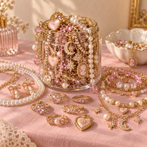 Rosa smyckesskrin, guldfärgade kokettaccessoarer, blindväska, pärlberlock halsband ring örhänge armband present till kvinnor flickor