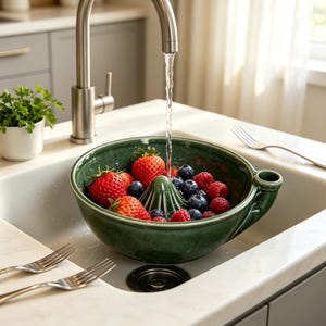 Handmade Ceramic Berry Rinsing Bowl with Pour Spout,Fruit Washing Colander,Functional Kitchen Decor, Gift For Home Cooks