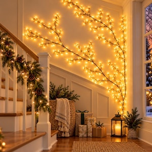 Op de afbeelding: Een decoratieve wandlamp in de vorm van takken met dunne, donkere stelen, versierd met talloze kleine, warm gloeiende led-lampjes, gerangschikt in een uitgestrekt patroon op de muur, aangevuld met een dennenkrans op de trapleuning.