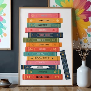 Peut inclure: Une impression d'art verticale représentant une pile de quinze livres colorés avec divers motifs décoratifs sur les tranches et le texte BOOK TITLE imprimé sur chacun. Les livres sont déclinés en nuances de rouge, orange, jaune, vert, bleu et rose.