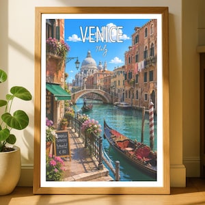 May include: A framed wall art print depicting a Venice, Italy canal scene with a gondola, a stone bridge, and historic buildings under a blue sky. The text reads VENICE Italy and a small sign displays GONDOLA SERVIZIO € 80 in white and black.