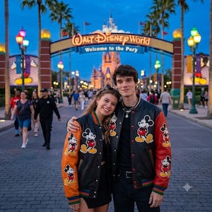 Leather Mickey Varsity Jacket Multi-Colored Patchwork Bomber Coat