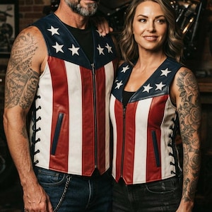 May include: A sleeveless leather vest featuring a patriotic design with a blue yoke adorned with white stars, and vertical red and white stripes on the front. The vest includes a central zipper closure, side lacing details, and two front pockets.