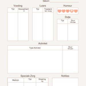 Op de afbeelding: Een dagelijkse babyplanner-sjabloon met de tekst DAGELIJKSE BABYPLANNER bovenaan. Het formulier bevat secties voor voeding, luiers, humeur met hartjes, dutjes, activiteit, speciale zorg en notities, versierd met kleine pastelkleurige sterren.