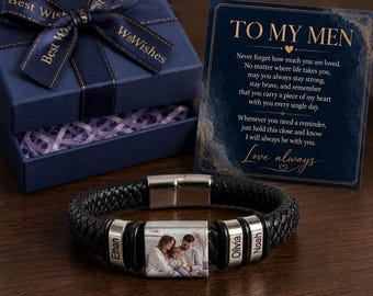Personalized Photo Bracelet for Men,Custom Leather Name Bracelet,Dad Gift from Kids,Husband Gift,Birthday Anniversary Gift for Him