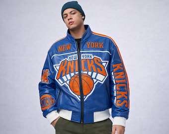 Chaqueta bomber de los New York Knicks / Towns 32 Azul Naranja Estilo urbano (Imitación o Auténtica)