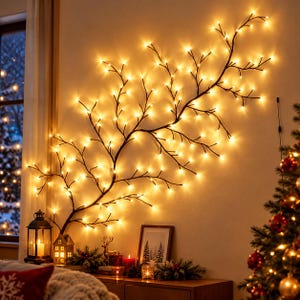 Peut inclure: Une décoration murale lumineuse en forme de branche, composée de tiges fines et sombres parsemées de nombreuses petites lumières LED blanc chaud, diffusant un éclairage doux et éclatant sur le mur en suivant une structure arborescente.