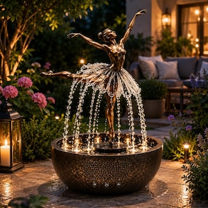 May include: A bronze-coloured sculpture of a ballerina in a dance pose standing in a circular basin. Water flows from the edges of the tutu, creating a curtain of droplets that fall into the basin. The fountain is illuminated by small lights.