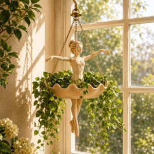 Peut inclure: Une jardinière suspendue représentant une figurine de ballerine couleur crème aux bras étendus, placée au centre d'un bol festonné. La jardinière est suspendue par de fines chaînes dorées et contient une plante verte retombante luxuriante.