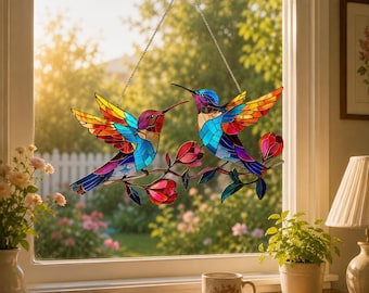 Hummingbird Suncatcher, Acrylic Window Hanging, Stained Glass Style Bird Decor, Hanging Garden Decor, Bird Lover Gift, Patio Ornament