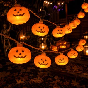 Könnte beinhalten: Eine Lichterkette mit orangefarbenen, kürbisförmigen LED-Leuchten, die durch einen dünnen Draht verbunden sind. Jeder Kürbis hat ein geschnitztes Jack-o'-Lantern-Gesicht mit dreieckigen Augen und einem gezackten Mund, das warm leuchtet.