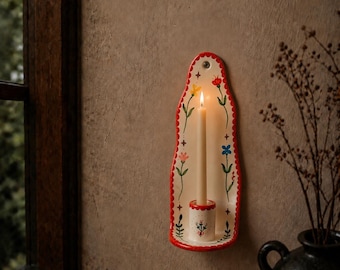 Hand Painted Ceramic Wall Candle Sconce | Rustic Farmhouse Religious Wall Decor | Cottagecore Candle Holder | Prayer Room Gift