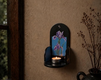 Handmade Christian Wall Candle Sconce Rustic Prayer Niche Hand Painted Floral Faith Decor Small Wall Hanging Farmhouse Religious Gift