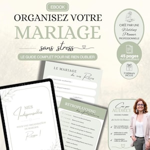 Peut inclure: Un ebook de planification de mariage intitulé "Organisez votre mariage sans stress" comprenant 45 pages, 3 tableurs et des modèles. Le guide inclut des listes de contrôle, des suivis de budget et un rétroplanning mois par mois.