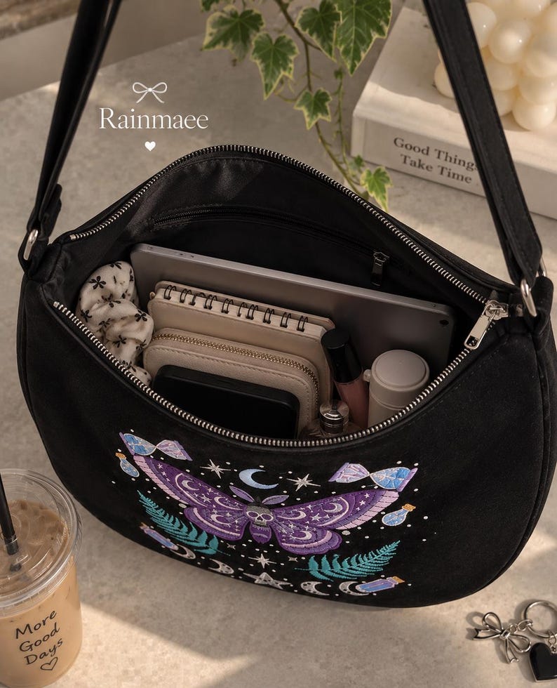Embroidered Notebook Pattern Gothic Moth Shoulder Bag - Embroidered Moon & Stars Crescent Purse ...