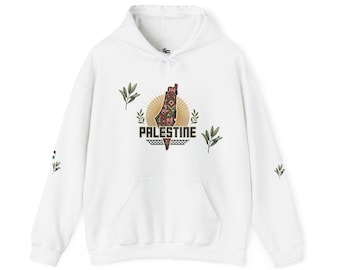 Palestine Map Pattern Hoodie | Olive Branches, Kufiya Fence Back