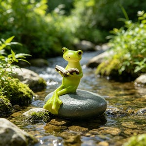 May include: A bright green frog figurine sitting on a smooth, dark grey stone. The frog is in a seated position, holding a small, open book with white pages and dark covers in its hands, looking down as if reading the text within the pages.