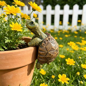 May include: A decorative turtle figurine with a textured brown shell and green skin, perched on the rim of a terracotta flower pot. The pot contains a plant with bright yellow daisy-like flowers, and the scene is set outdoors in a garden.