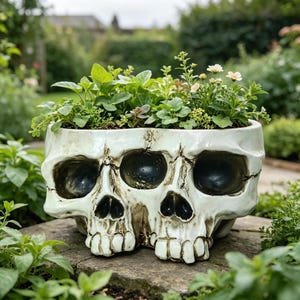 May include: A white ceramic planter shaped like two conjoined human skulls, featuring deep eye sockets and nasal cavities. The planter is filled with various green leafy plants and small light pink flowers, creating a unique botanical display.