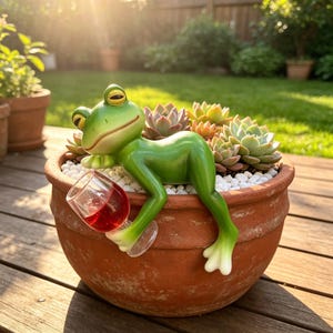 Resin Frog Pot Hugger, Relaxed Wine Beer Amphibian Planter Decor